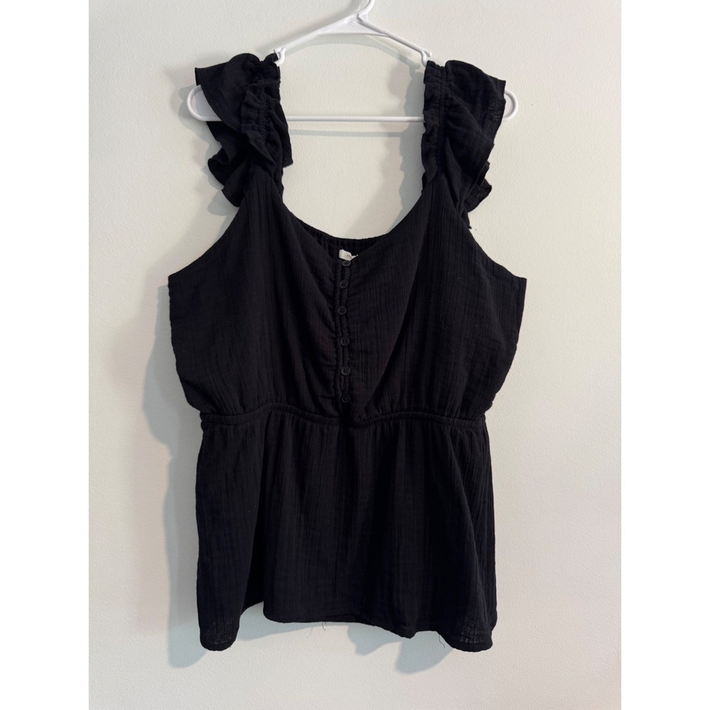 Maurices Ruffle Strap Peplum Top Women Large Black Button Front Cotton Gauze‎